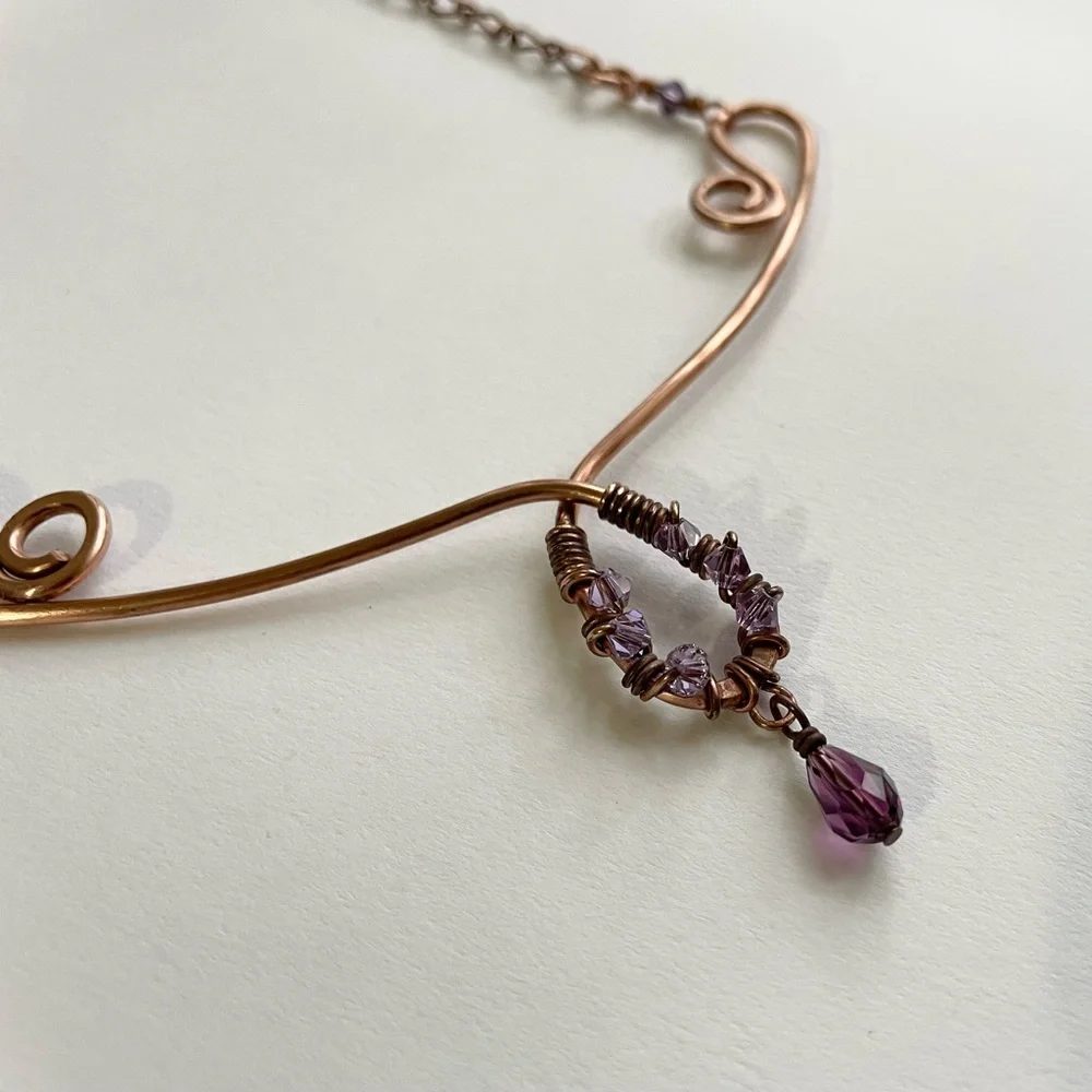 Copper Scroll Necklace Beaded Plum and Lilac‎ Crystals Elegant Rustic Handmade